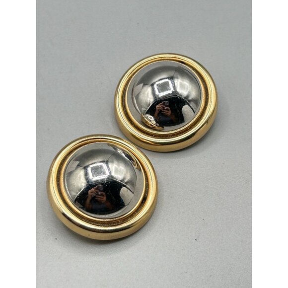 Vintage Signed Napier Clip On Earrings Domed Two Tones Silver Gold Round Buttons - Picture 2 of 7